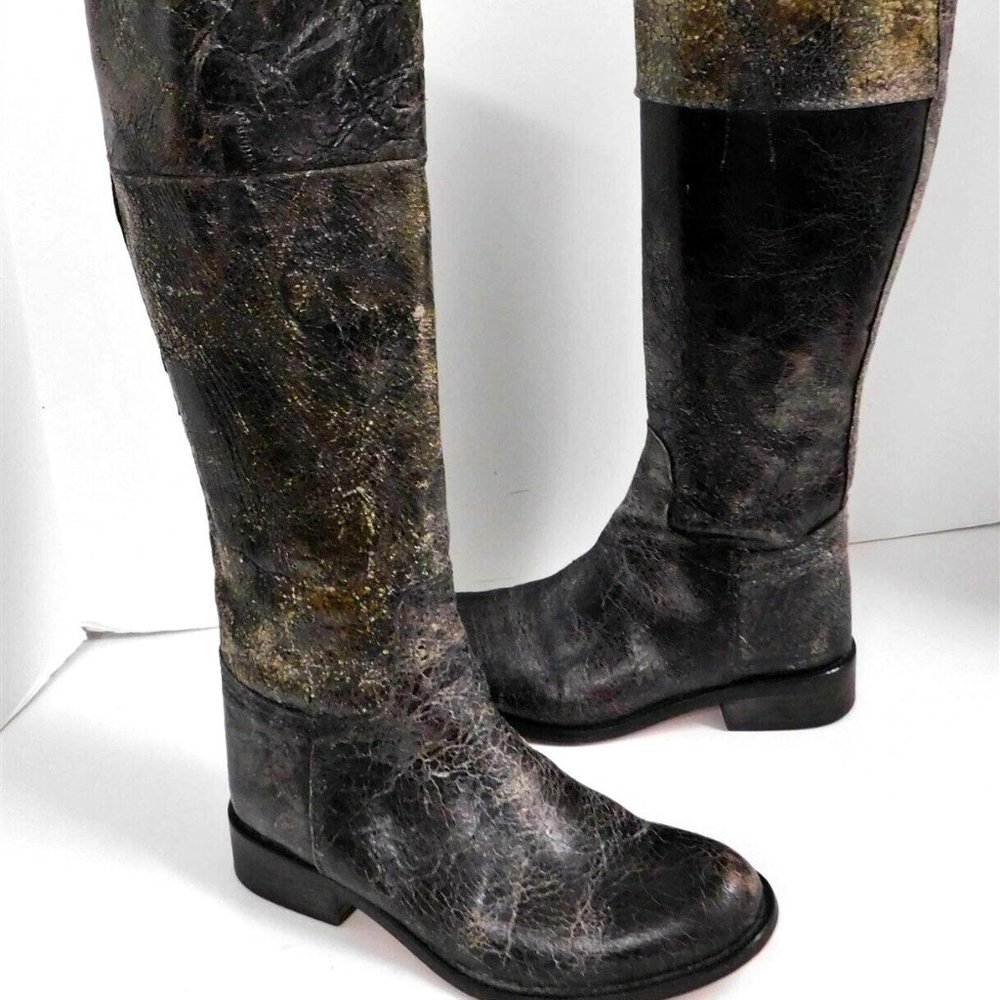 Steven by Steve Madden Black Distressed Leather Riding Boots sz 6 6.5 Mismatch‎
